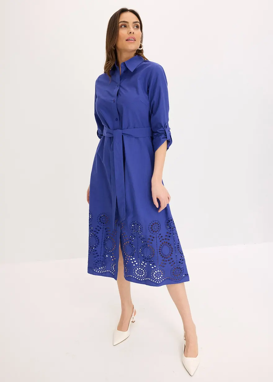 Bonprix Schickes Kleid Mit Lochstichstickerei - Blau Regular