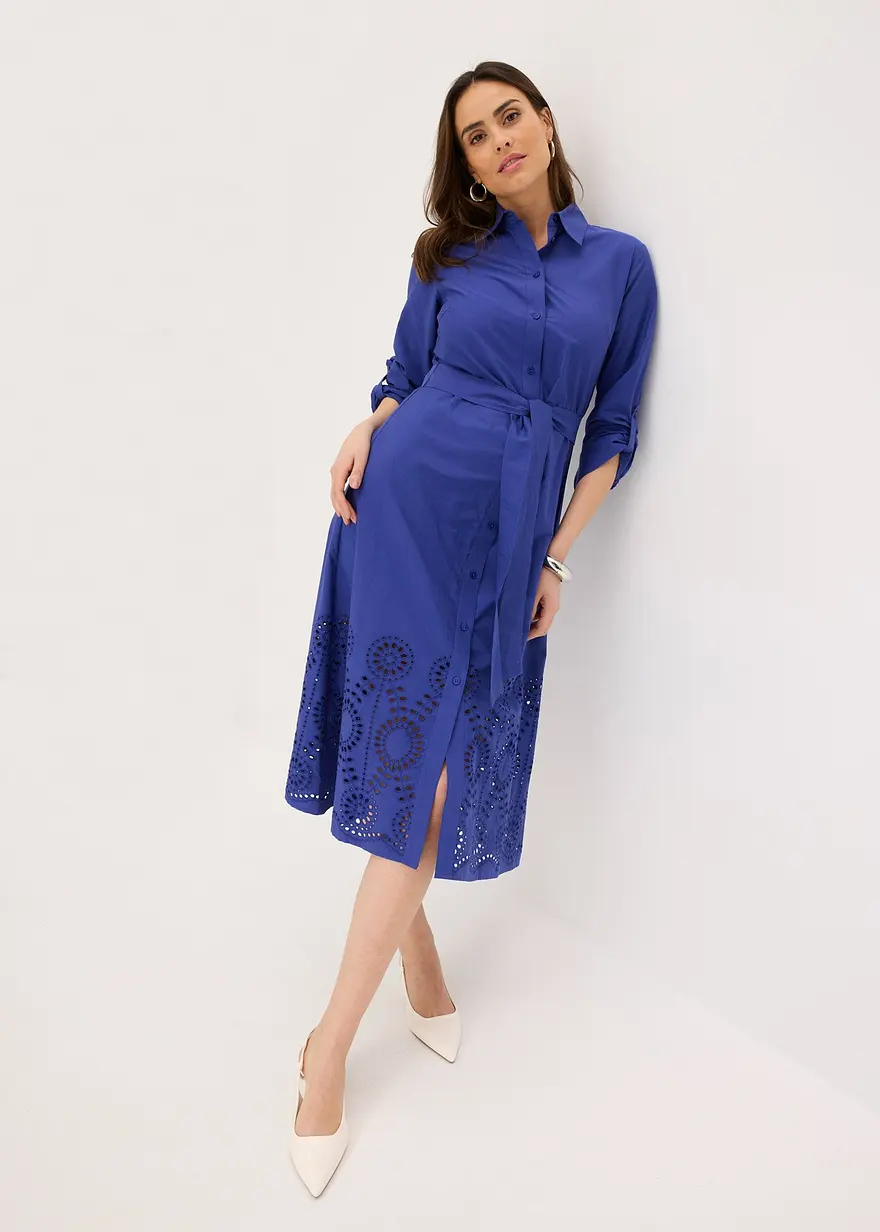 Bonprix Schickes Kleid Mit Lochstichstickerei - Blau Regular