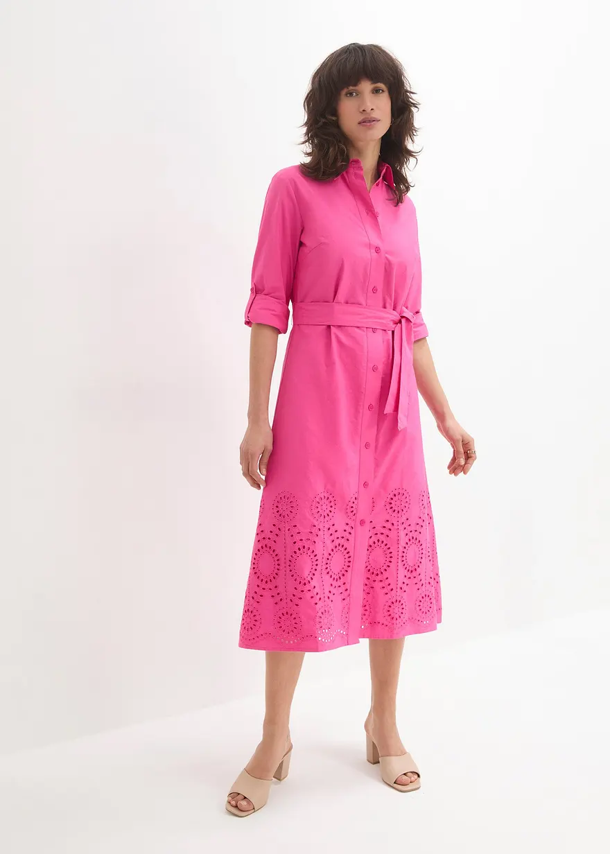Bonprix Schickes Kleid Mit Lochstichstickerei - Pink Regular