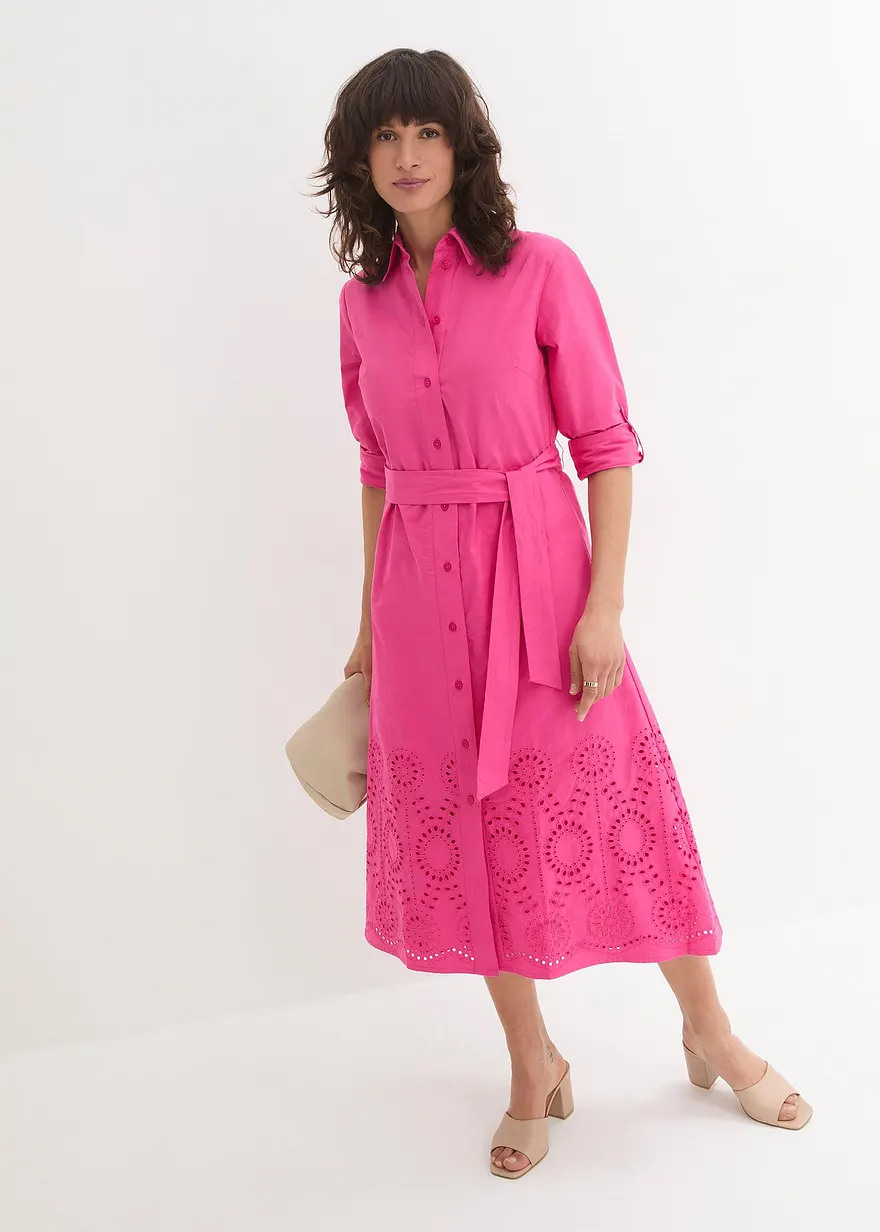 Bonprix Schickes Kleid Mit Lochstichstickerei - Pink Regular