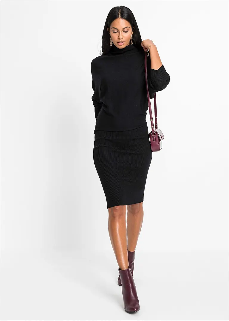 Bonprix Schickes Strickkleid Mit Rollkragen - Schwarz - Damen