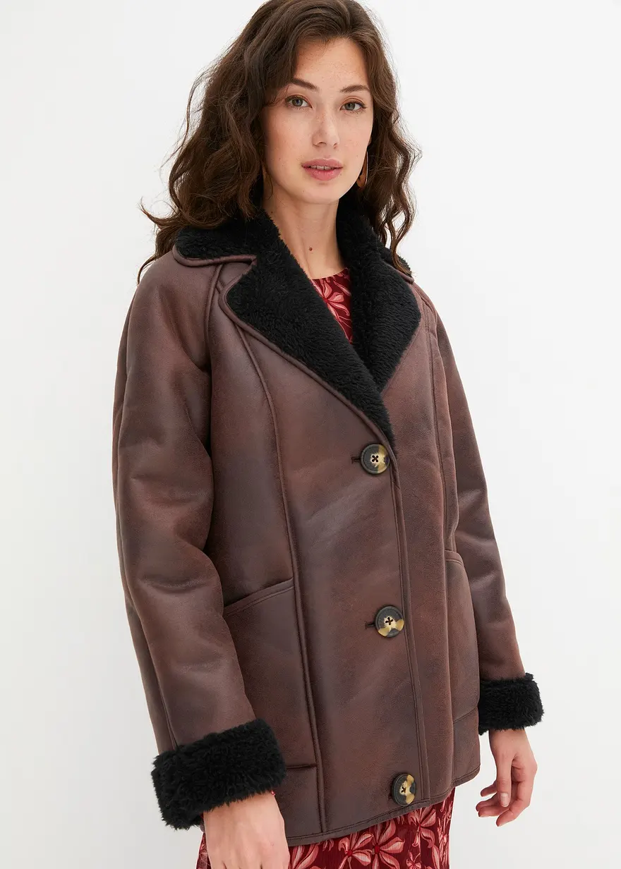 Bonprix Schlichte Shearling-Jacke Mit Vorteilhaften Taschen - Braun