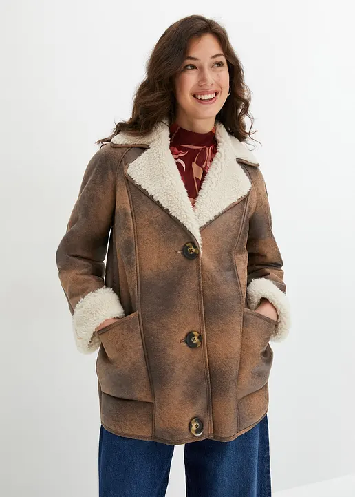 Bonprix Schlichte Shearling-Jacke Mit Vorteilhaften Taschen - Braun