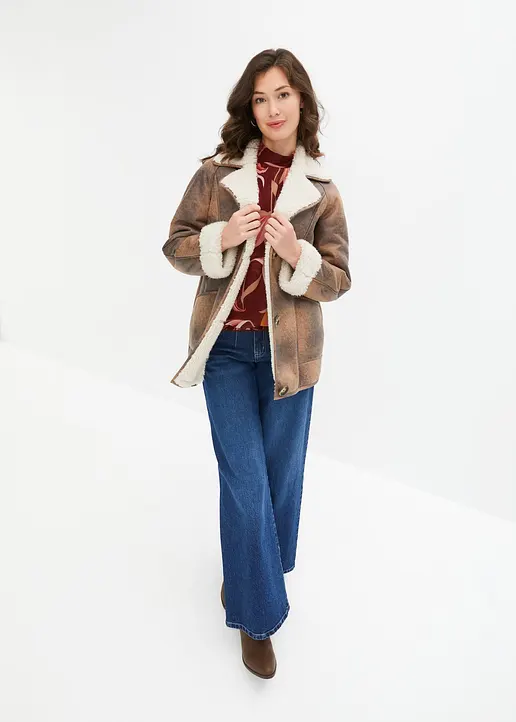 Bonprix Schlichte Shearling-Jacke Mit Vorteilhaften Taschen - Braun
