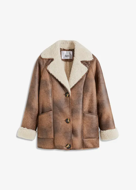 bonprix Schlichte Shearling-Jacke mit vorteilhaften Taschen - braun