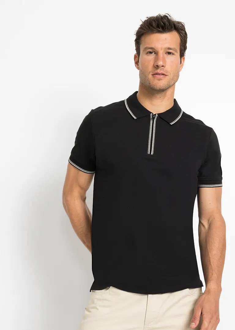Bonprix Schlichtes Poloshirt Mit Reißverschluss - Schwarz