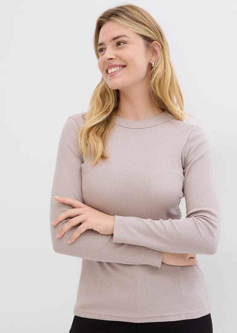Bonprix Schlichtes Rippshirt Mit Bio-Baumwolle - Hellsand/mittelbraun