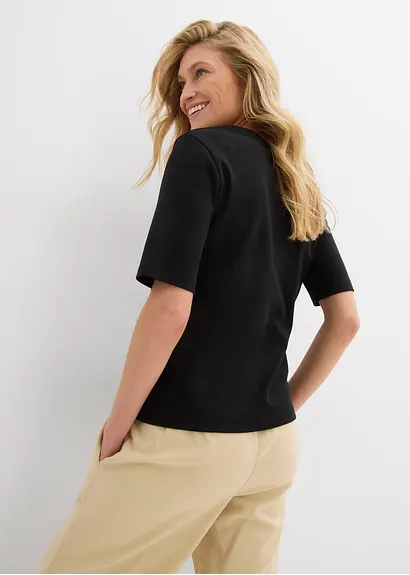 Bonprix Schlichtes Rundhalsshirt Aus Bio-Baumwolle - Schwarz