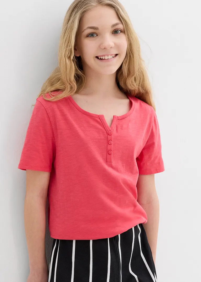 Bonprix Schlichts Mädchen T-Shirt Mit Dekorativer Knopfleiste - Pink