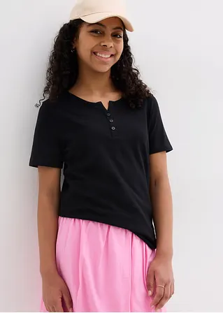 Bonprix Schlichts Mädchen T-Shirt Mit Dekorativer Knopfleiste - Schwarz