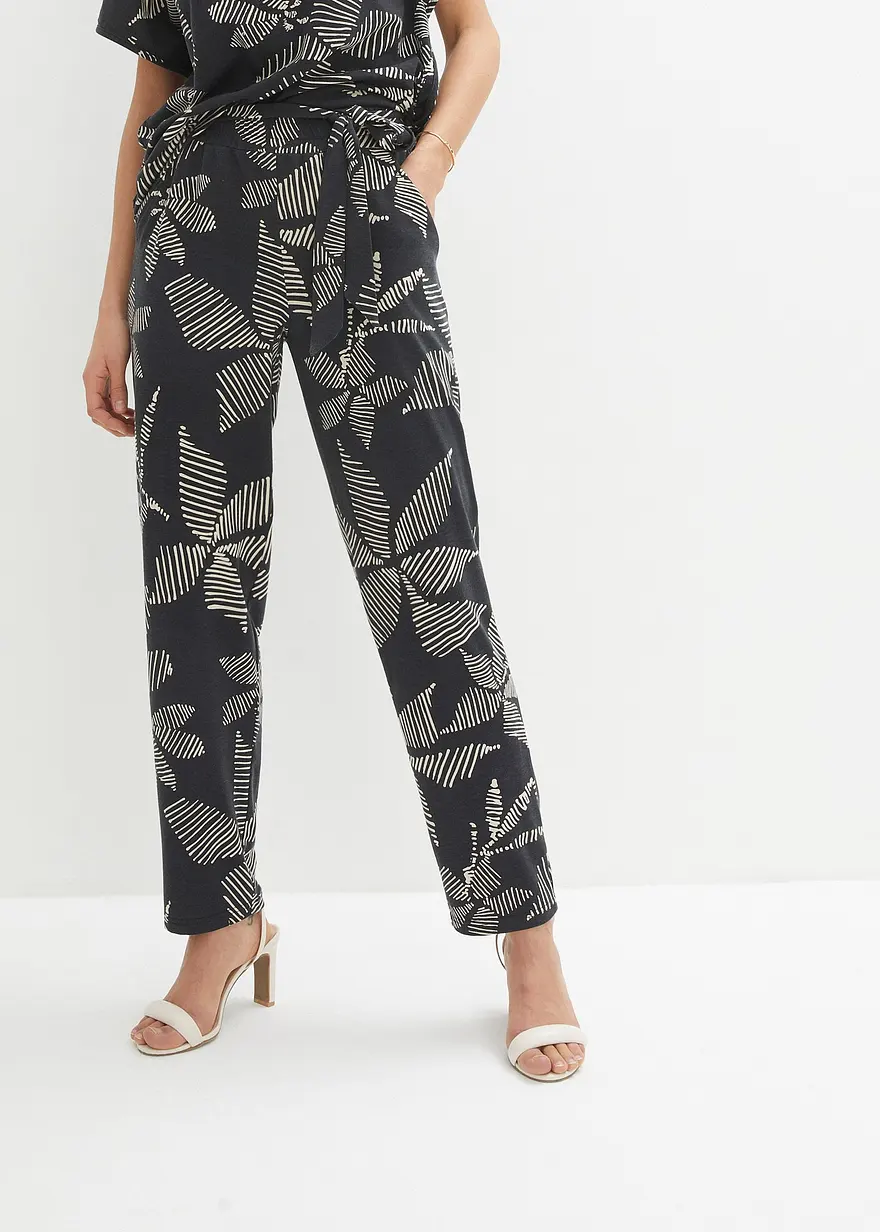 Bonprix Schlupfhose Mit Modischem Print Und Lässigem Bindeband - Schwarz
