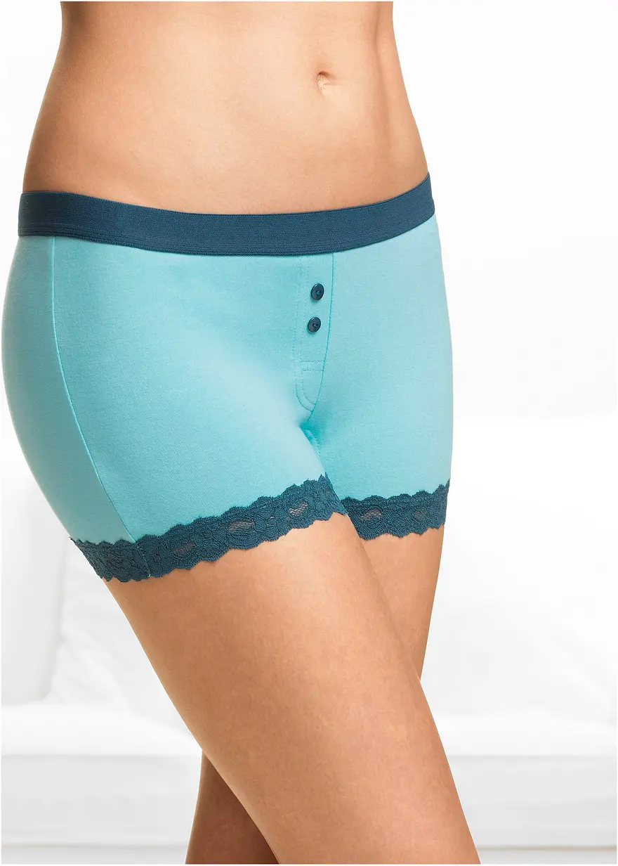 Bonprix Schöne Damen Boxer Mit Spitze - Aqua + Schwarz - Damen