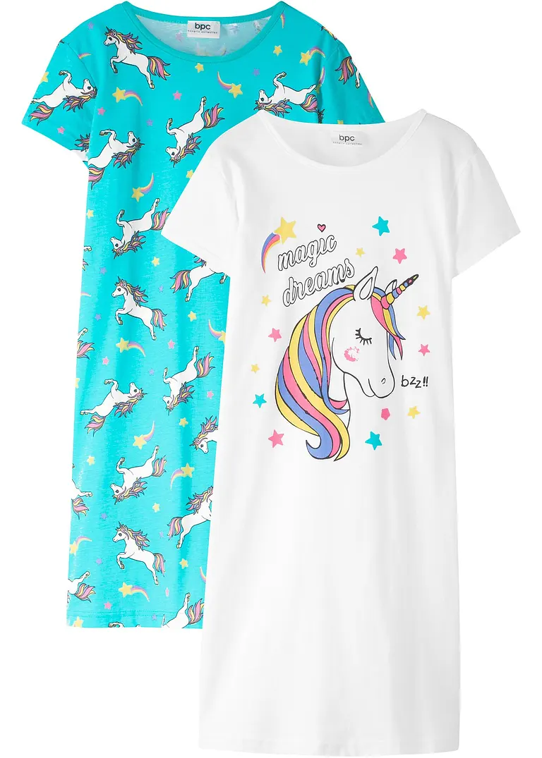 Bonprix Schöne Nachthemden Mit Einhorn-Print Im 2er Pack - Aqua/weiß