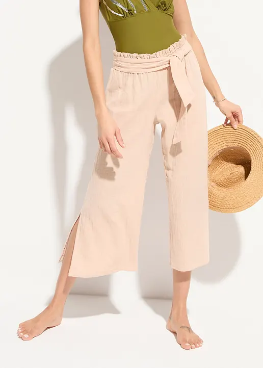 Bonprix Schöne Strandhose Mit Seitlichen Schlitzen Und Bindegurt - Beige