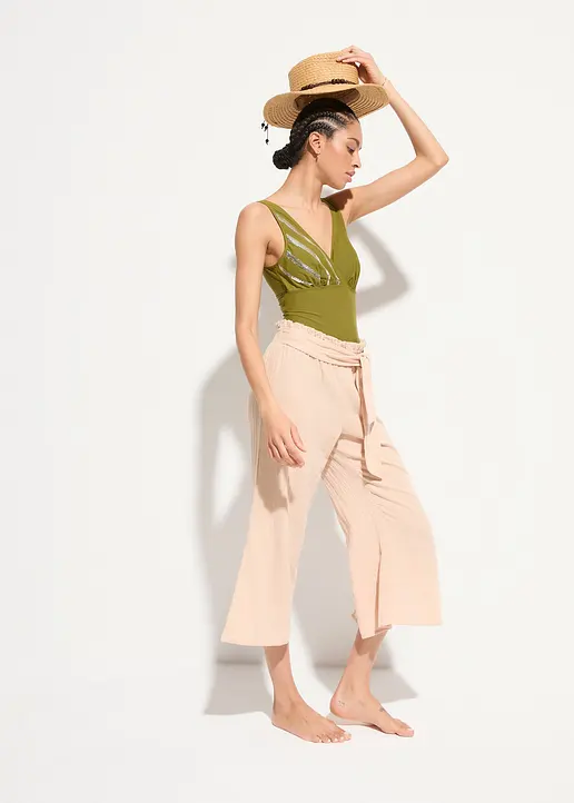 Bonprix Schöne Strandhose Mit Seitlichen Schlitzen Und Bindegurt - Beige