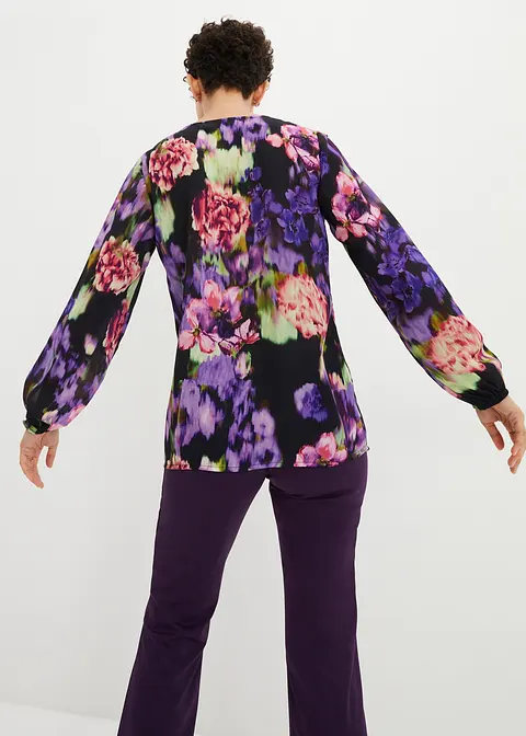 Bonprix Schöne Tunika Mit Volants Und Modernen Blüten Druck - Schwarz