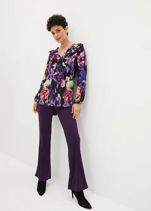 Bonprix Schöne Tunika Mit Volants Und Modernen Blüten Druck - Schwarz