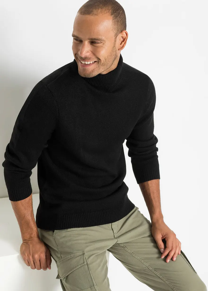 Bonprix Schöner Basic Pullover Mit Rollkragen Und Rippbündchen - Schwarz