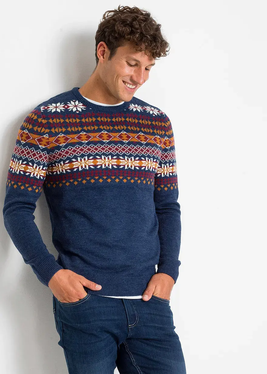 Bonprix Schöner Norweger-Pullover Mit Rundhalsausschnitt - Blau