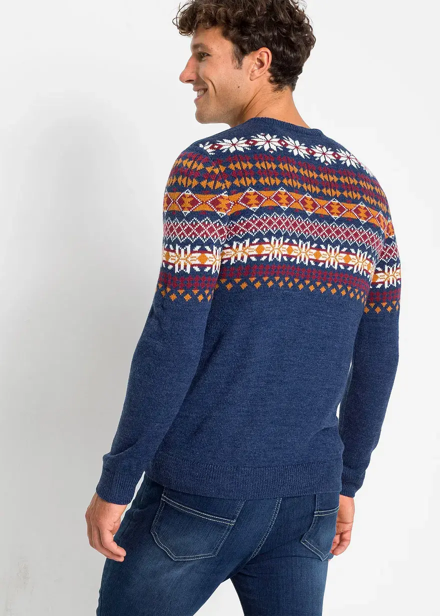 Bonprix Schöner Norweger-Pullover Mit Rundhalsausschnitt - Blau