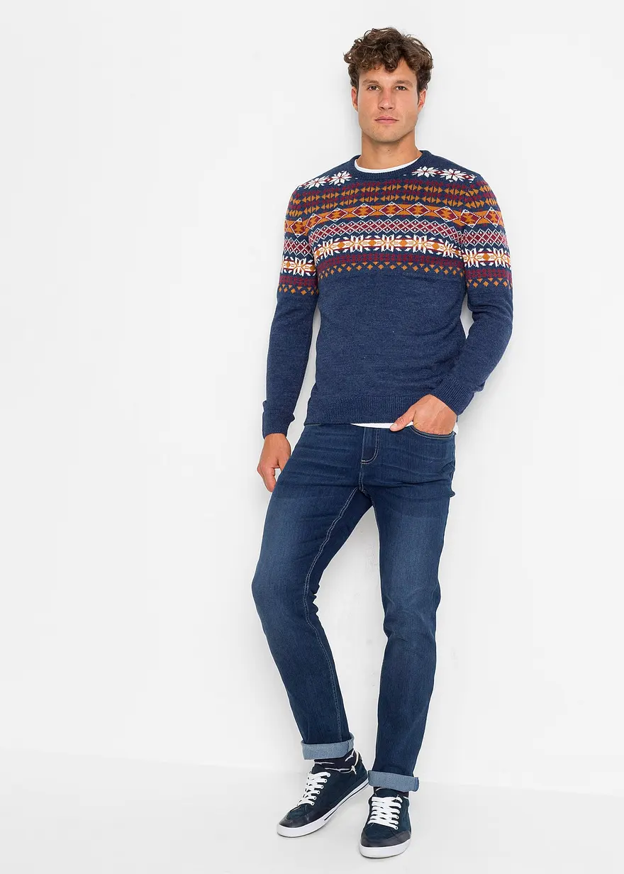 Bonprix Schöner Norweger-Pullover Mit Rundhalsausschnitt - Blau