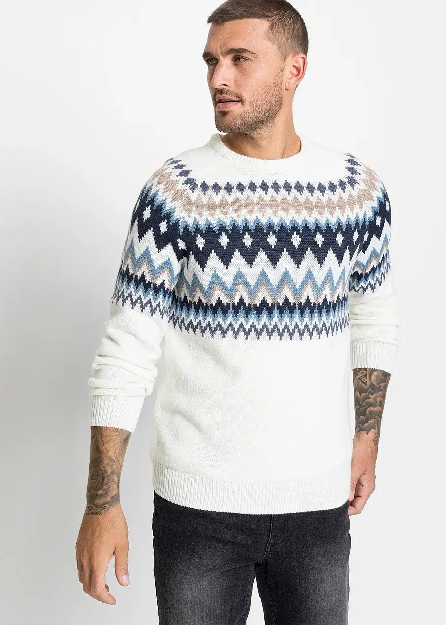Bonprix Schöner Norweger Pullover Mit Rundhalsausschnitt Und Rippbündchen Maschinenwaschbar