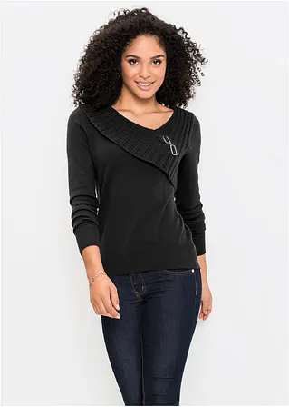Bonprix Schöner Pullover Mit Strickmix Und Metall-Schnallen - Schwarz