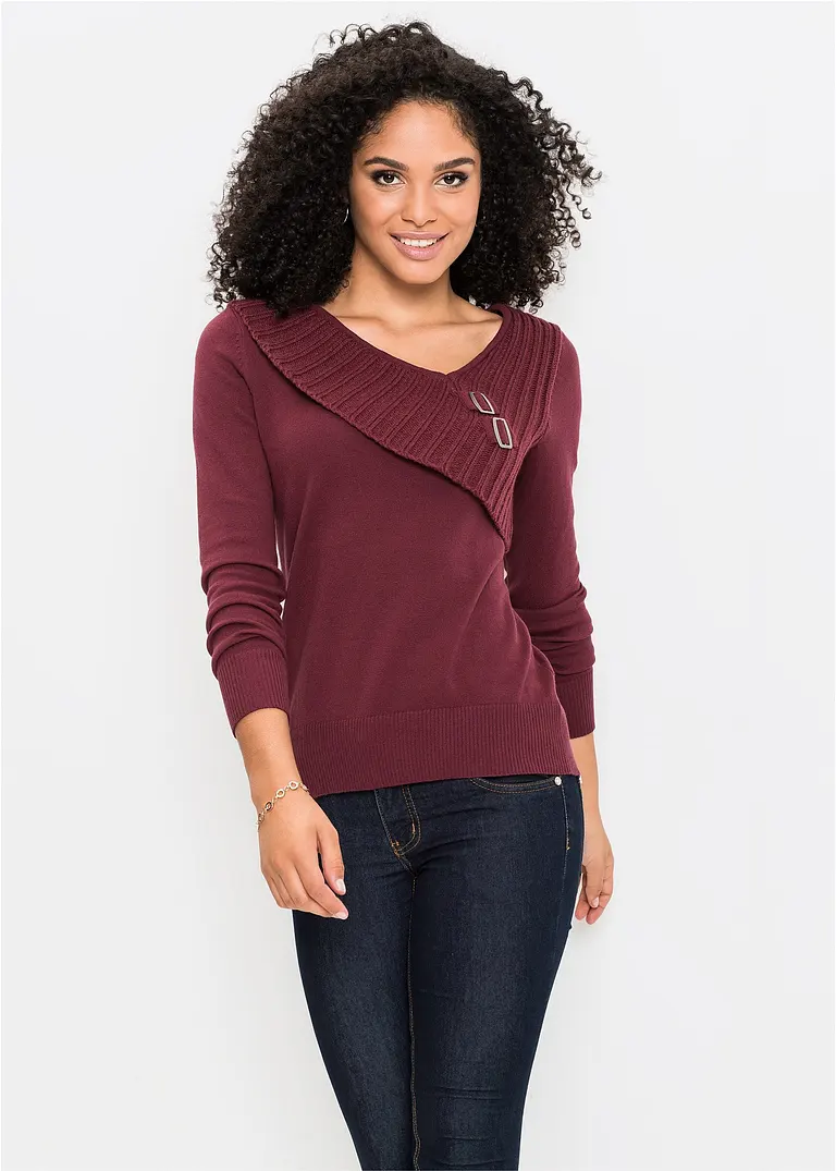 Bonprix Schöner Pullover Mit Strickmix Und Metall-Schnallen - Rot - Damen