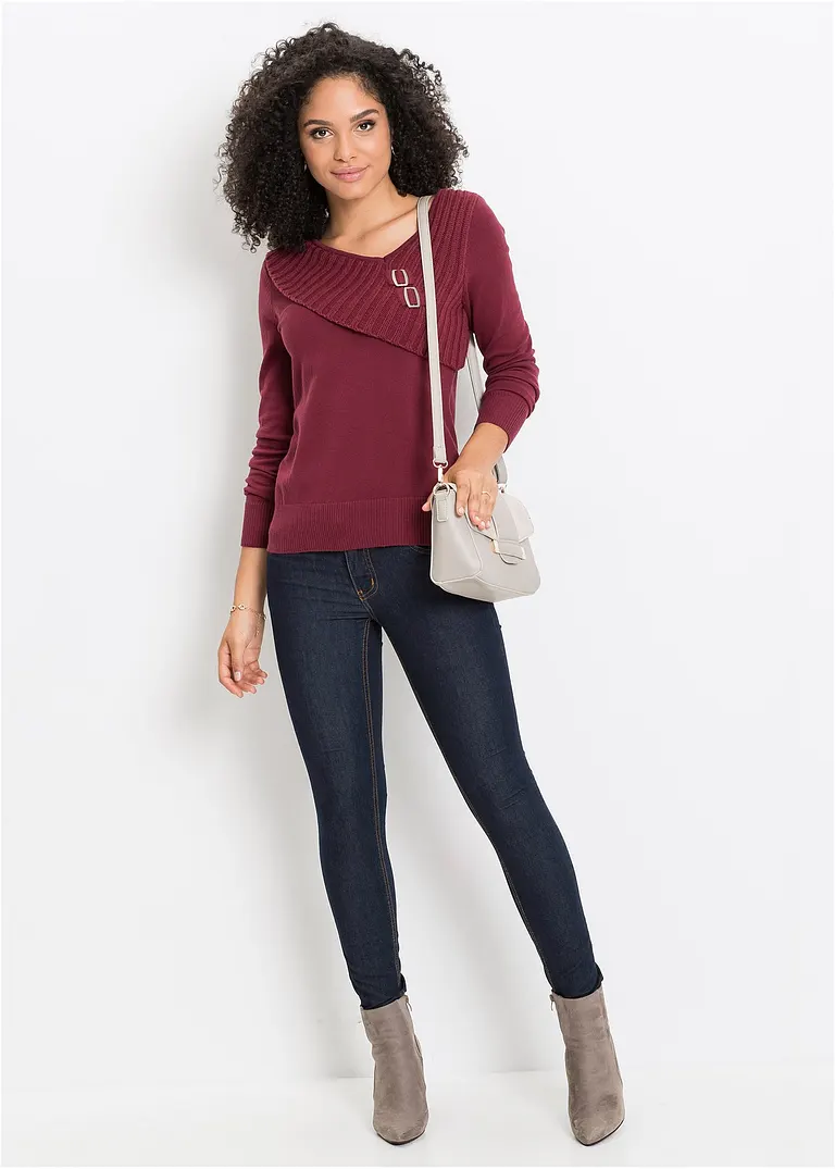 Bonprix Schöner Pullover Mit Strickmix Und Metall-Schnallen - Rot - Damen