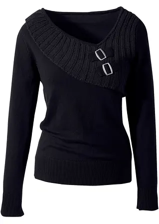 bonprix Schöner Pullover mit Strickmix und Metall-Schnallen - schwarz