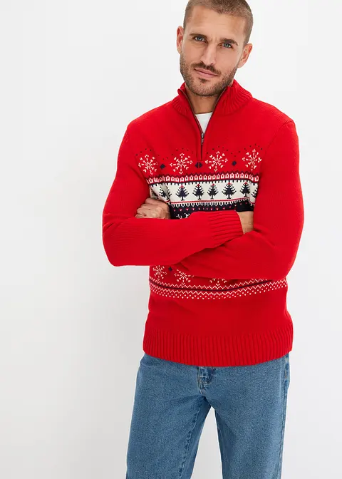 Bonprix Schöner Pullover Mit Troyerkragen Und Reißverschlussöffnung - Rot