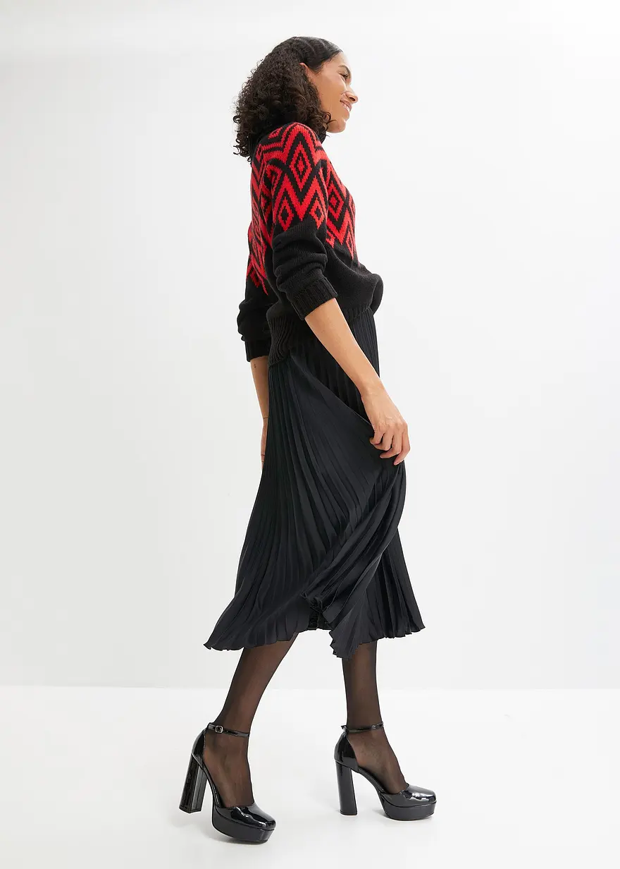 Bonprix Schöner Weit Schwingender Satin Plissée-Rock - Schwarz