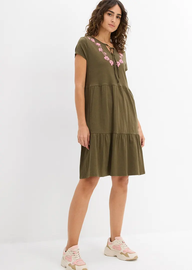 Bonprix Schönes Baumwoll-Tunika-Kleid Mit Volants Und Dekorativem Ausschnitt