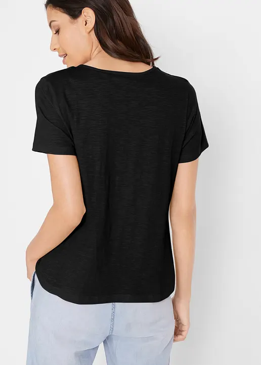 Bonprix Schönes Baumwollshirt Mit Schnürung Im Ausschnitt - Schwarz