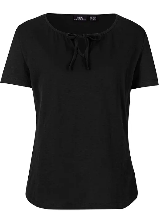 bonprix Schönes Baumwollshirt mit Schnürung im Ausschnitt - schwarz