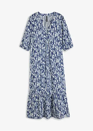 bonprix Schönes bedrucktes Maxikleid mit Volant und Puffärmeln - blau