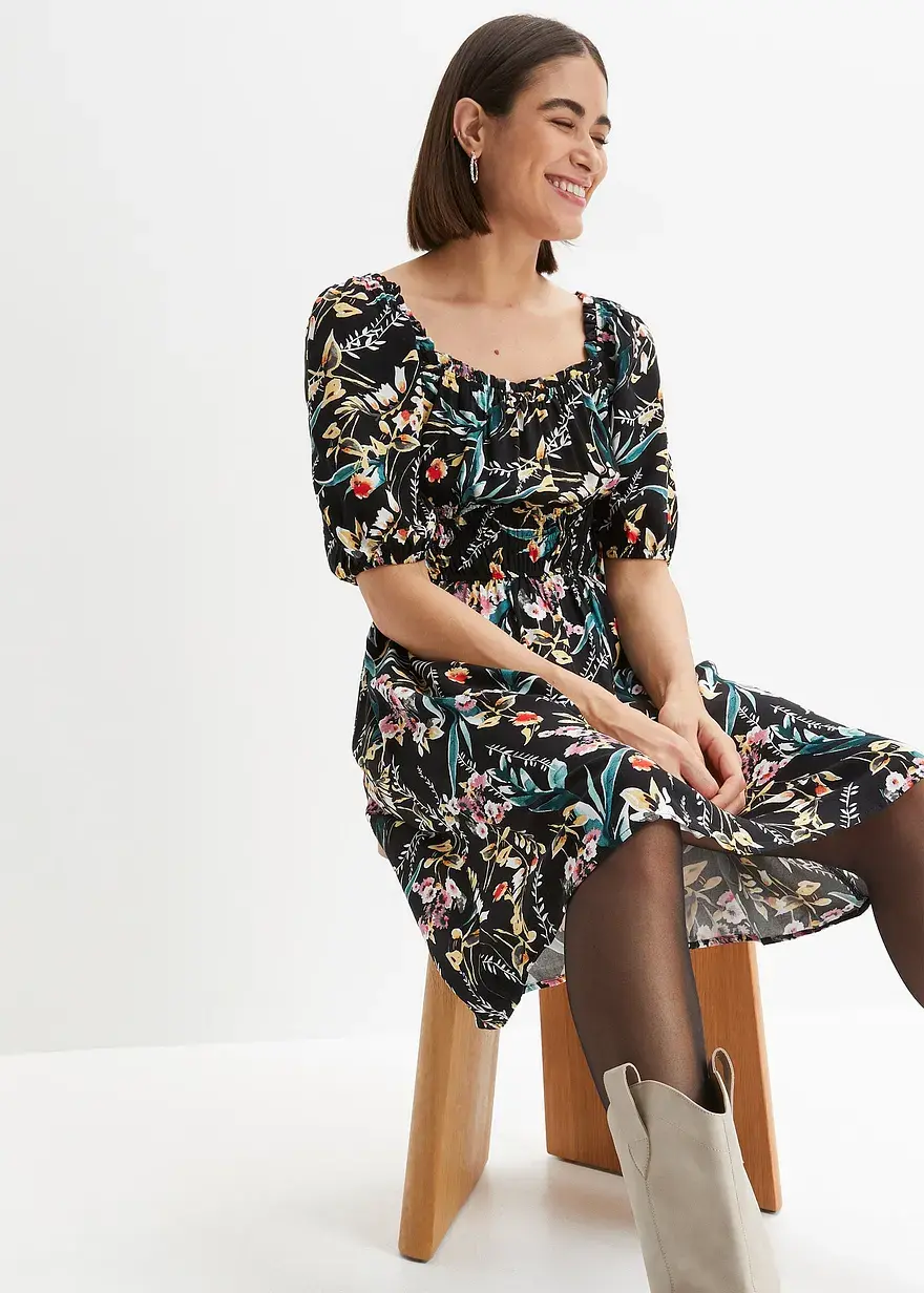 Bonprix Schönes Kleid Mit Kurzen Puffärmeln. - Schwarz - Damen