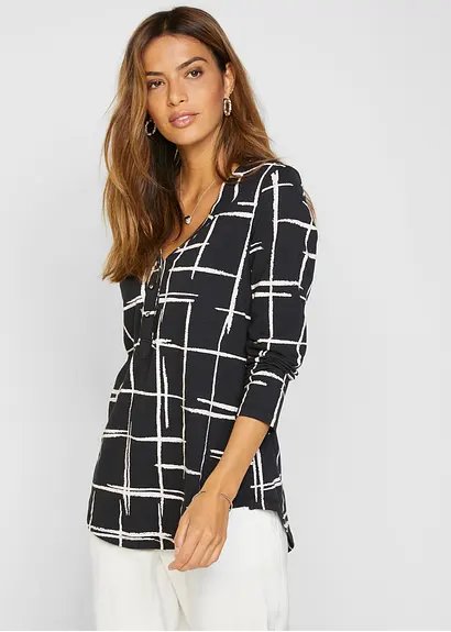 Bonprix Schönes Longshirt Mit Gerundetem Saum Und Knopfleiste - Schwarz