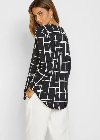 Bonprix Schönes Longshirt Mit Gerundetem Saum Und Knopfleiste - Schwarz