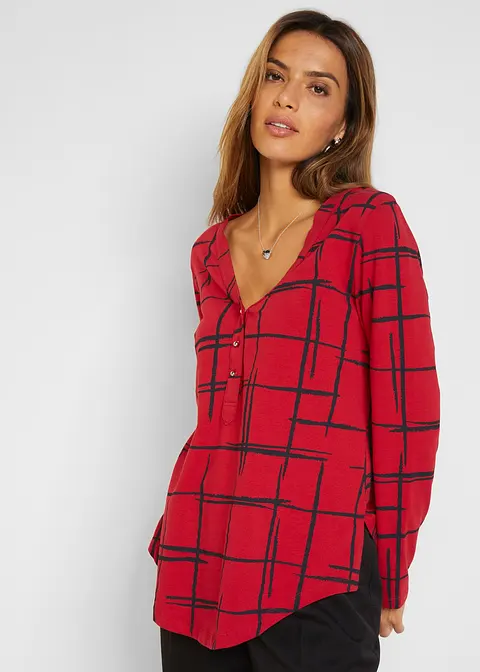 Bonprix Schönes Longshirt Mit Gerundetem Saum Und Knopfleiste - Rot