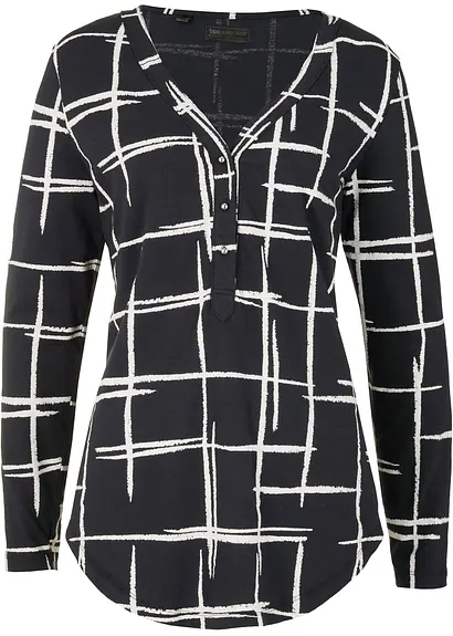 bonprix Schönes Longshirt mit gerundetem Saum und Knopfleiste - schwarz