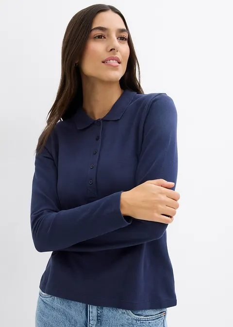 Bonprix Schönes Piqué-Poloshirt Mit Langen Ärmeln - Blau