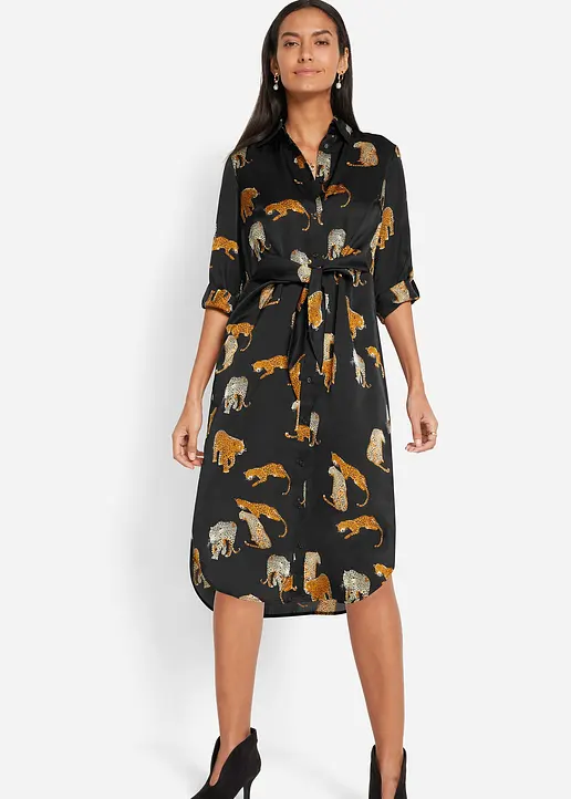 Bonprix Schönes Satin Hemdblusenkleid Mit Modernen Leo-Druck - Schwarz