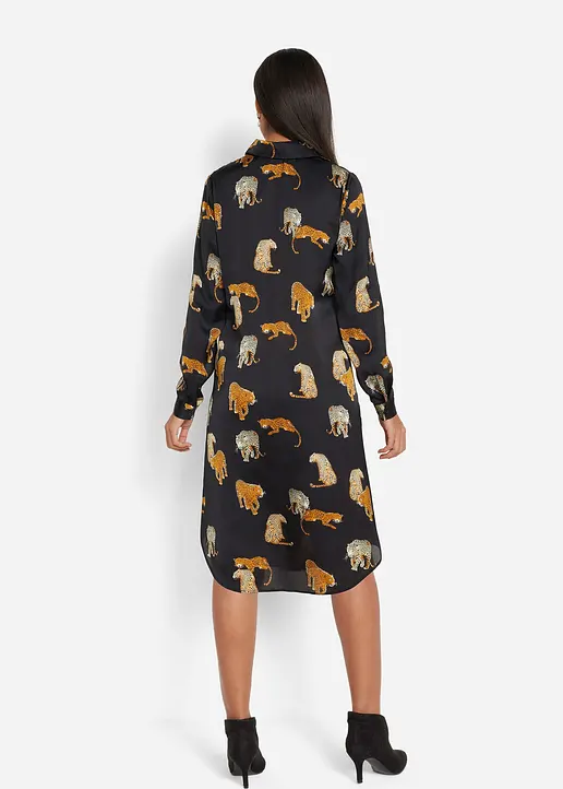 Bonprix Schönes Satin Hemdblusenkleid Mit Modernen Leo-Druck - Schwarz