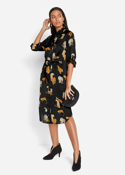 Bonprix Schönes Satin Hemdblusenkleid Mit Modernen Leo-Druck - Schwarz
