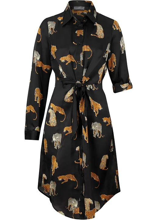 bonprix Schönes Satin Hemdblusenkleid mit modernen Leo-Druck - schwarz