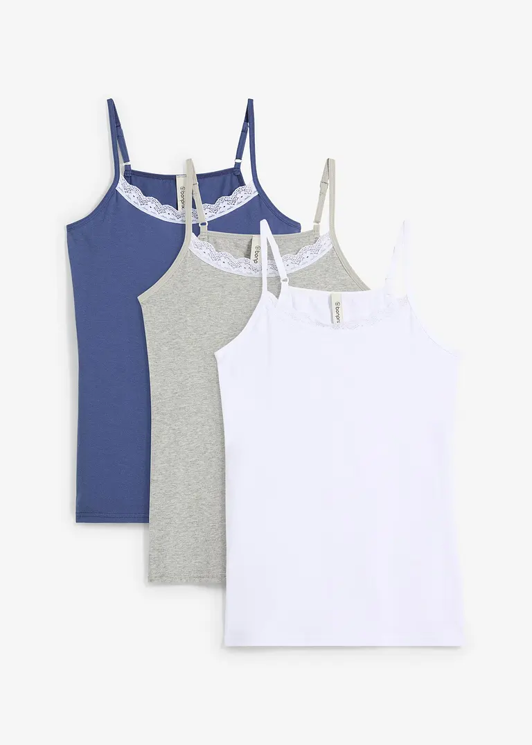 bonprix Schönes Top (3er Pack) mit verstellbaren Trägern und schöner Spitze am Ausschnitt