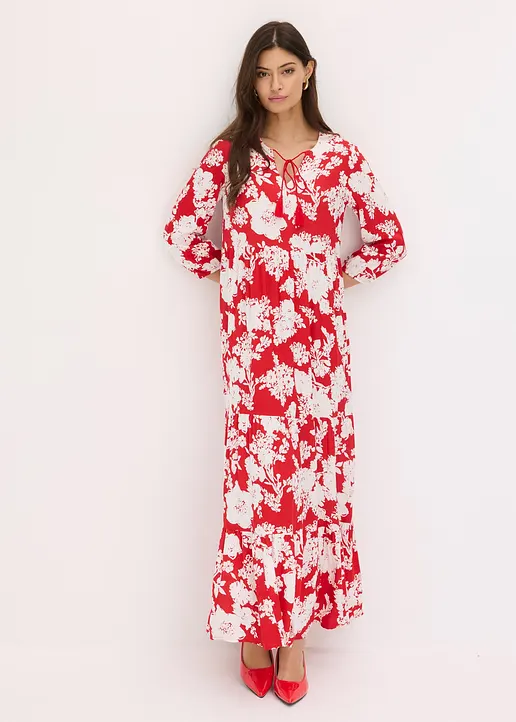 Bonprix Schönes Tunika-Kleid Mit Bindebändern Und Volants - Rot