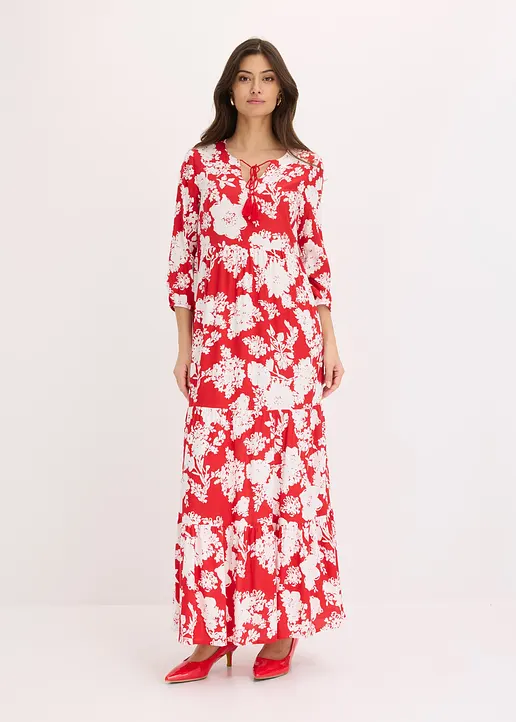 Bonprix Schönes Tunika-Kleid Mit Bindebändern Und Volants - Rot