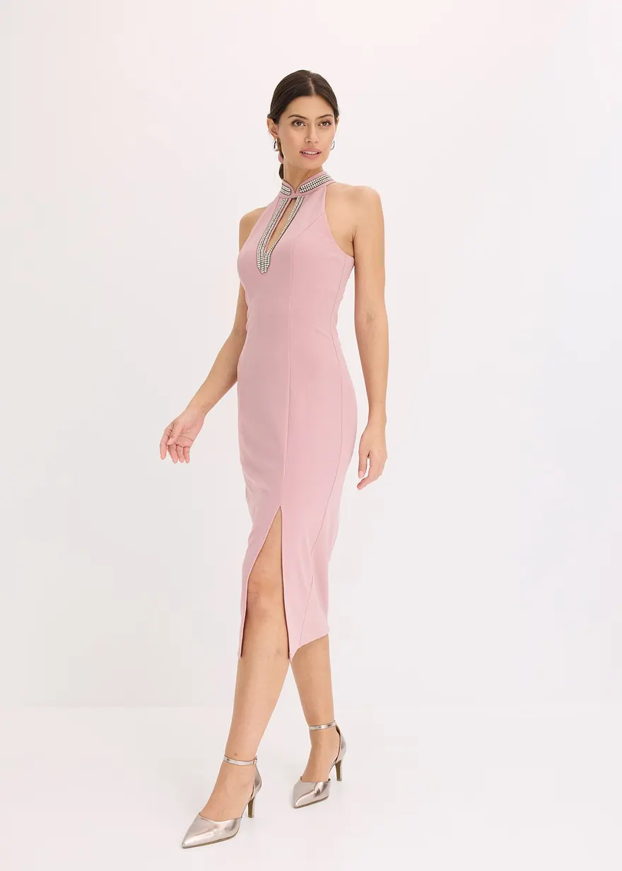 Bonprix Sexy Cocktailkleid Aus Strukturiertem Crepe In Midi-Länge Mit Schlitz Am Ausschnitt Und Strasssteinverzierungen